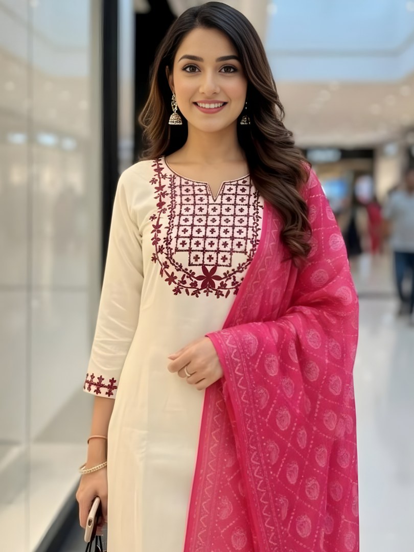 Ivory Embroidered Suit Set with Pink Printed Dupatta - D-03 - view 1