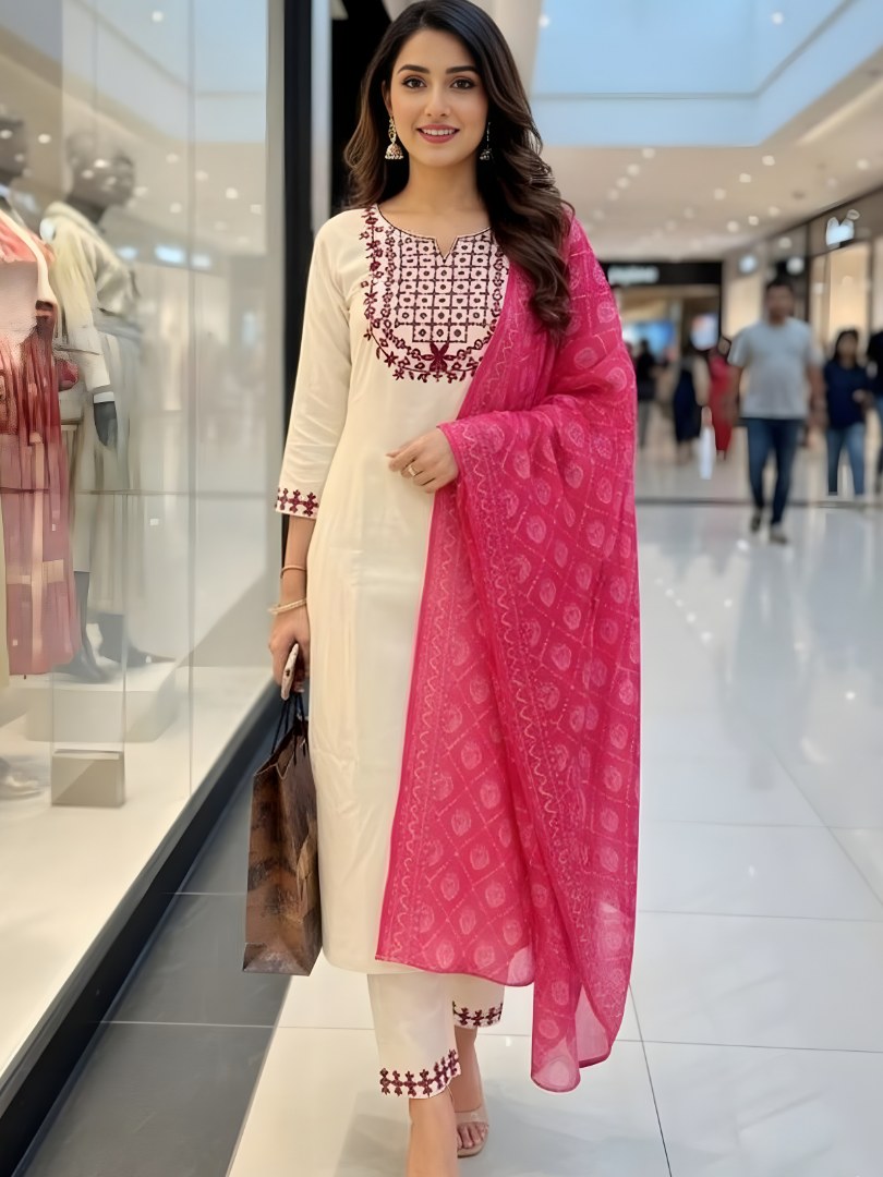 Ivory Embroidered Suit Set with Pink Printed Dupatta - D-03 - view 2