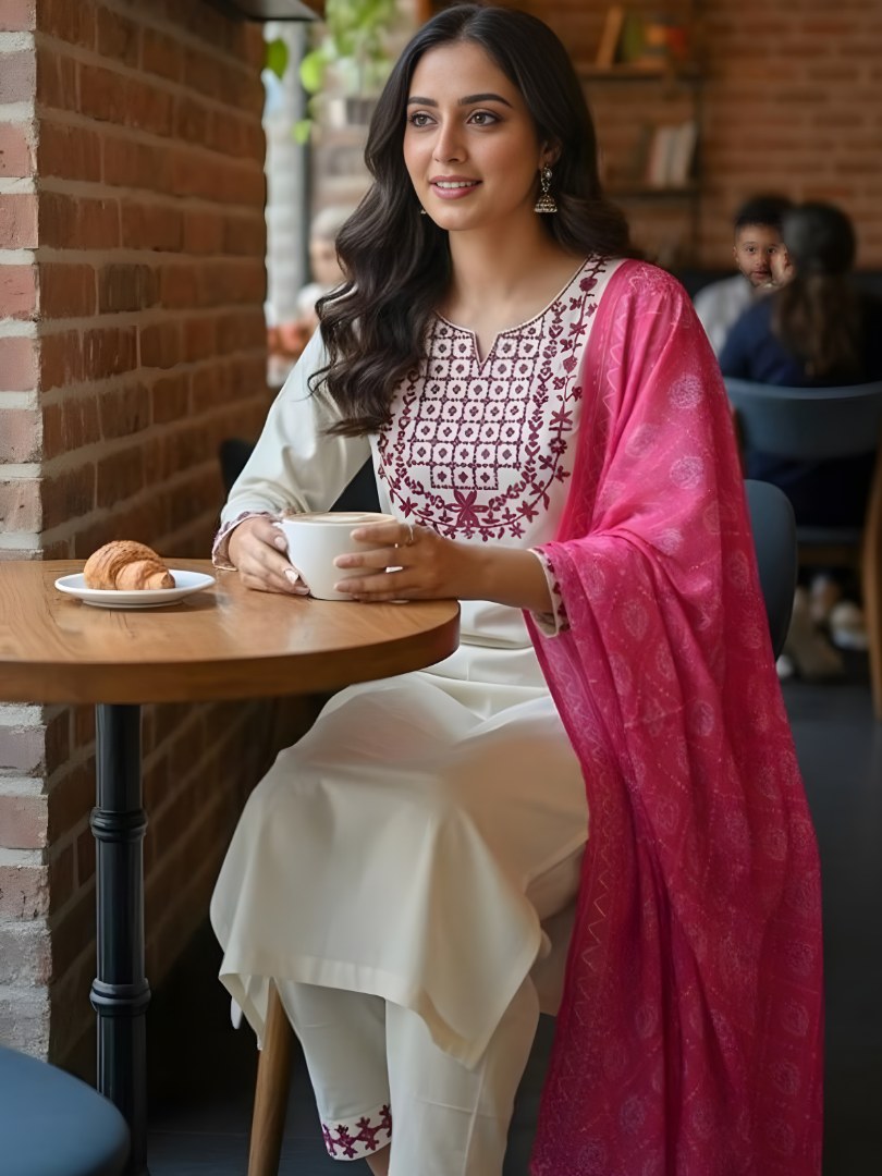 Ivory Embroidered Suit Set with Pink Printed Dupatta - D-03 - view 3