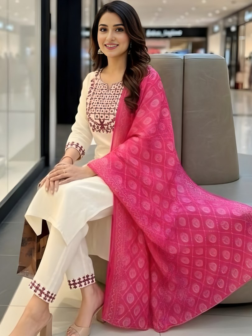Ivory Embroidered Suit Set with Pink Printed Dupatta - D-03 - view 4