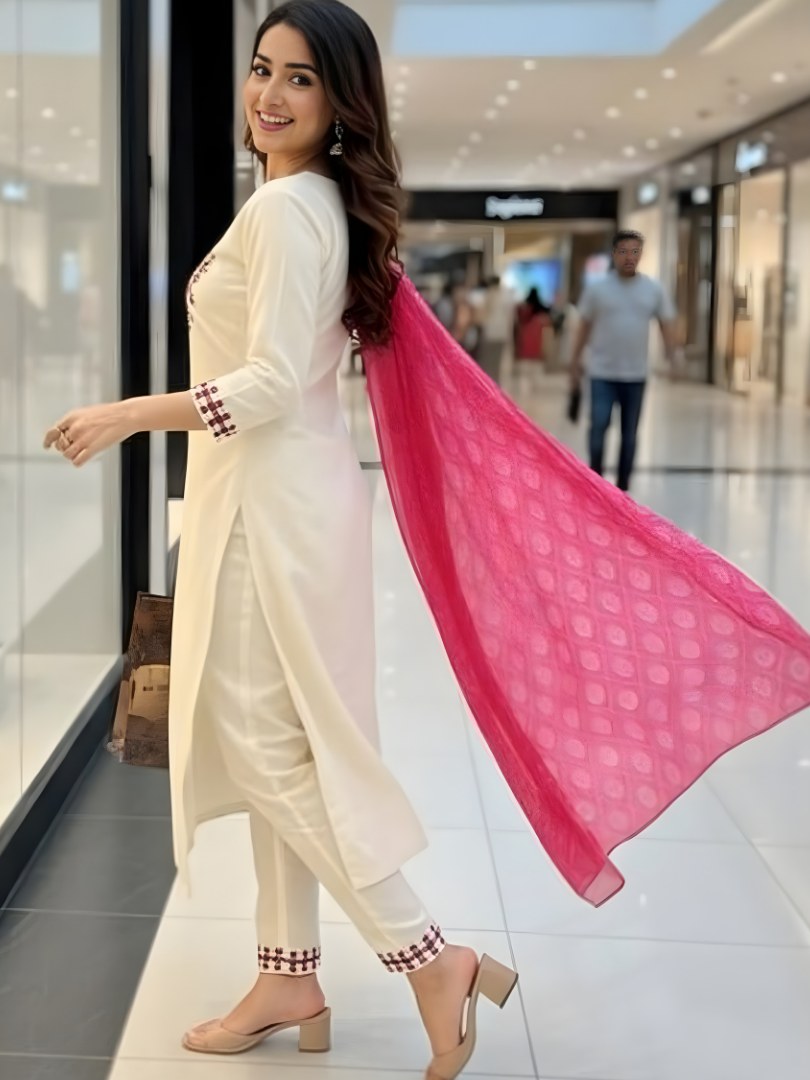 Ivory Embroidered Suit Set with Pink Printed Dupatta - D-03 - view 5