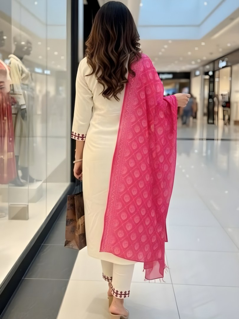 Ivory Embroidered Suit Set with Pink Printed Dupatta - D-03 - view 6