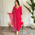 Rani Pink V-Neck Embroidered Suit Set with Printed Dupatta - D-04 - view 1