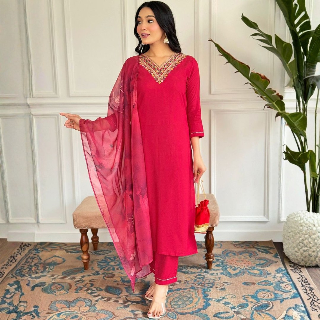 Rani Pink V-Neck Embroidered Suit Set with Printed Dupatta - D-04 - view 1