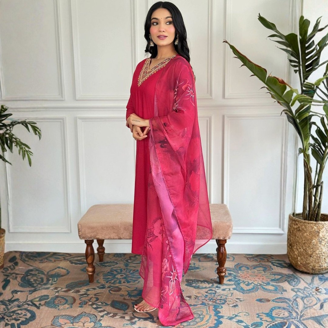 Rani Pink V-Neck Embroidered Suit Set with Printed Dupatta - D-04 - view 2