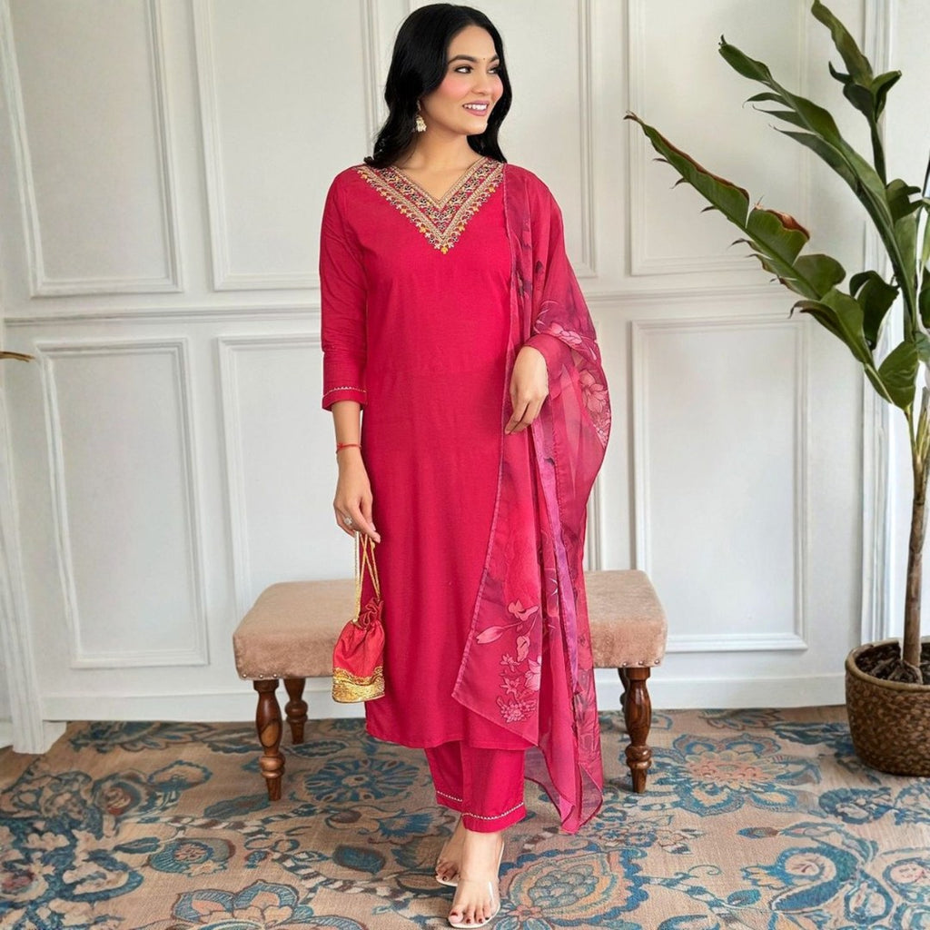 Rani Pink V-Neck Embroidered Suit Set with Printed Dupatta - D-04 - view 3
