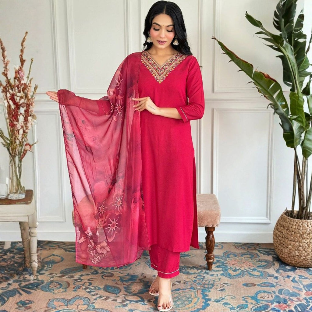 Rani Pink V-Neck Embroidered Suit Set with Printed Dupatta - D-04 - view 4