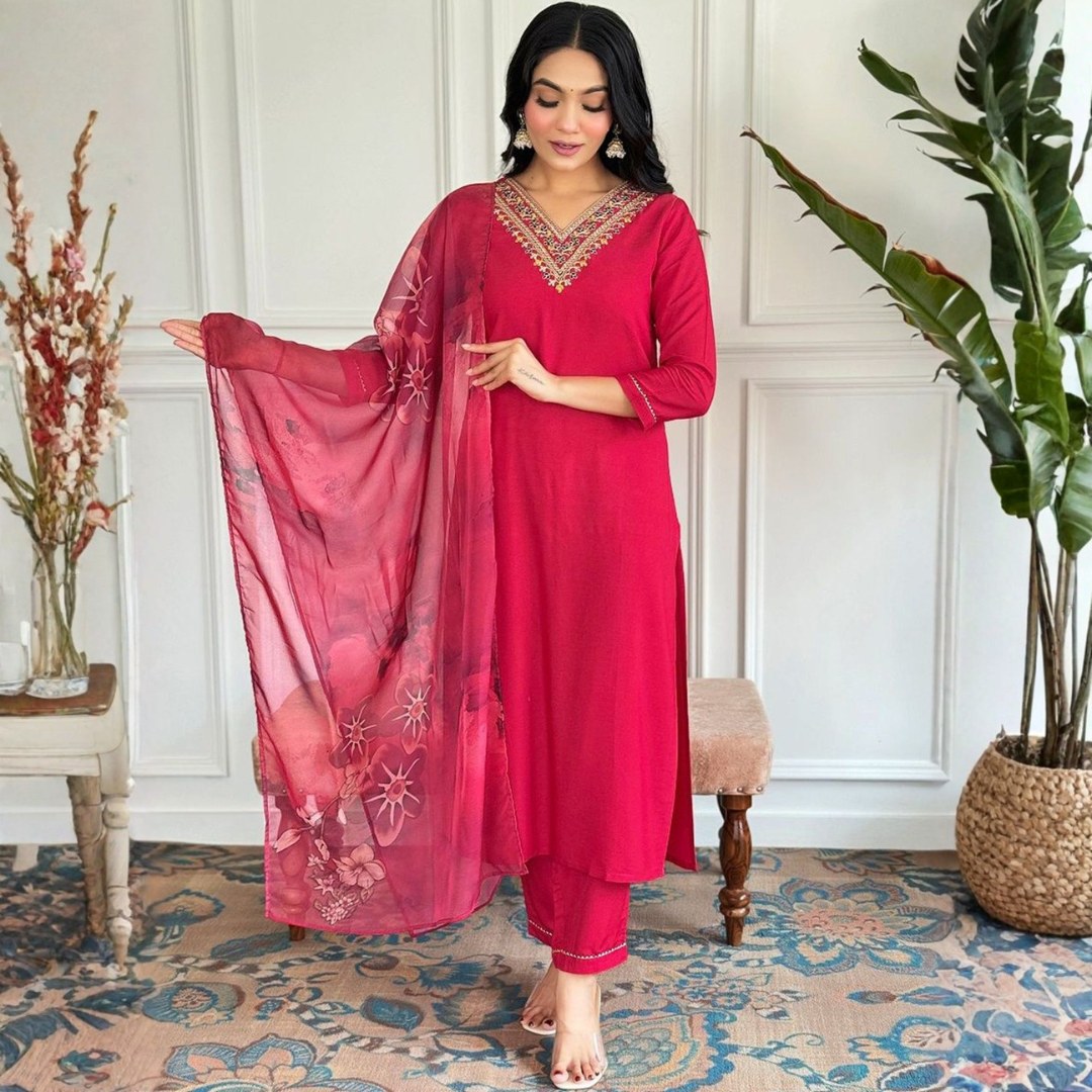 Rani Pink V-Neck Embroidered Suit Set with Printed Dupatta - D-04 - view 4