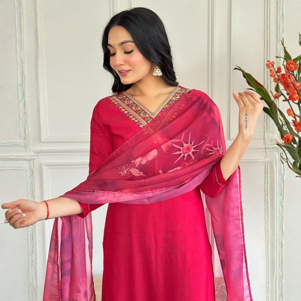 Rani Pink V-Neck Embroidered Suit Set with Printed Dupatta - D-04 - view 5