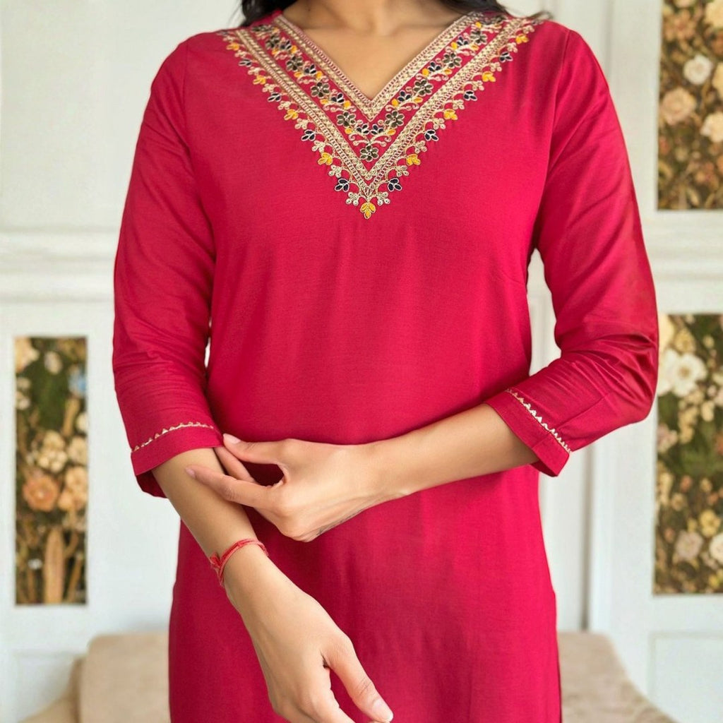 Rani Pink V-Neck Embroidered Suit Set with Printed Dupatta - D-04 - view 6