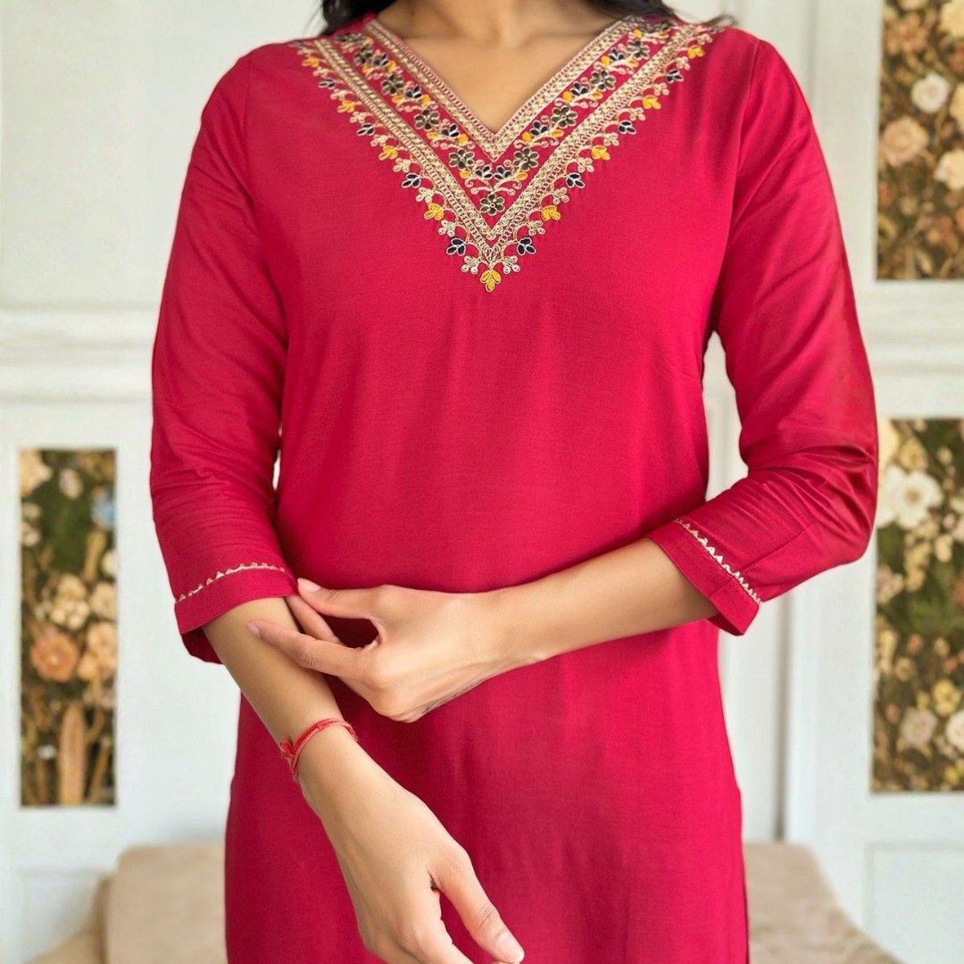Rani Pink V-Neck Embroidered Suit Set with Printed Dupatta - D-04 - view 6