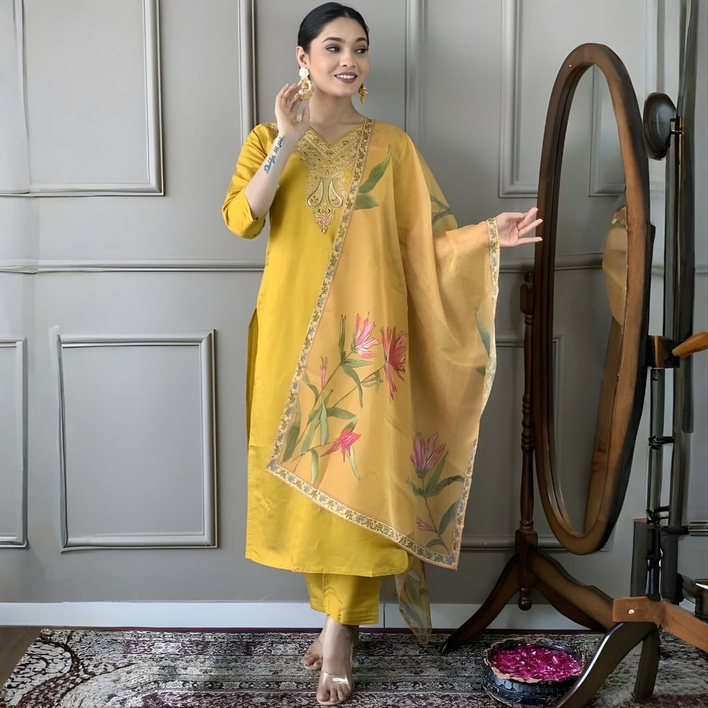 Mustard Yellow Embroidered Suit Set with Floral Dupatta - D-06 - view 1