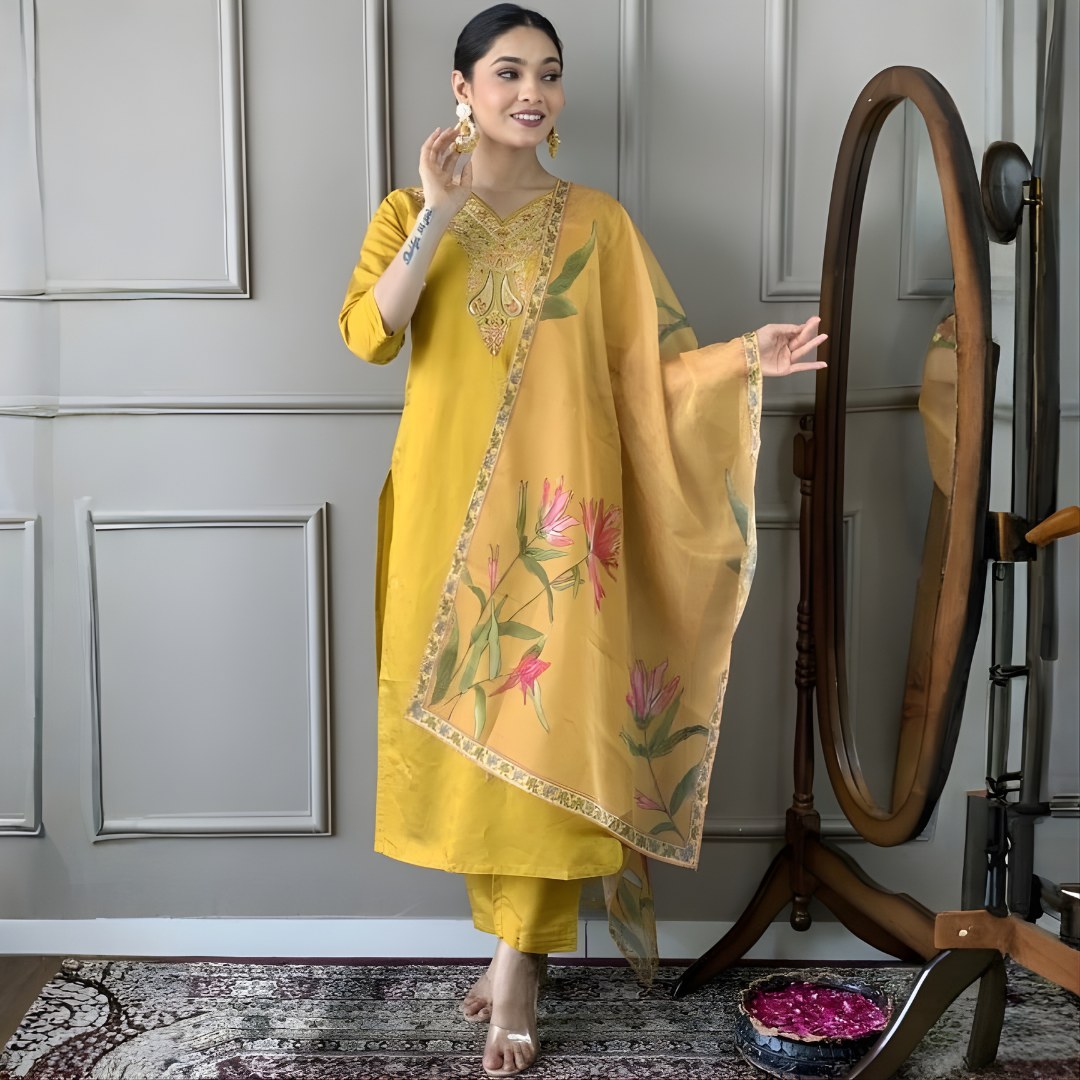 Mustard Yellow Embroidered Suit Set with Floral Dupatta - D-06 - view 1