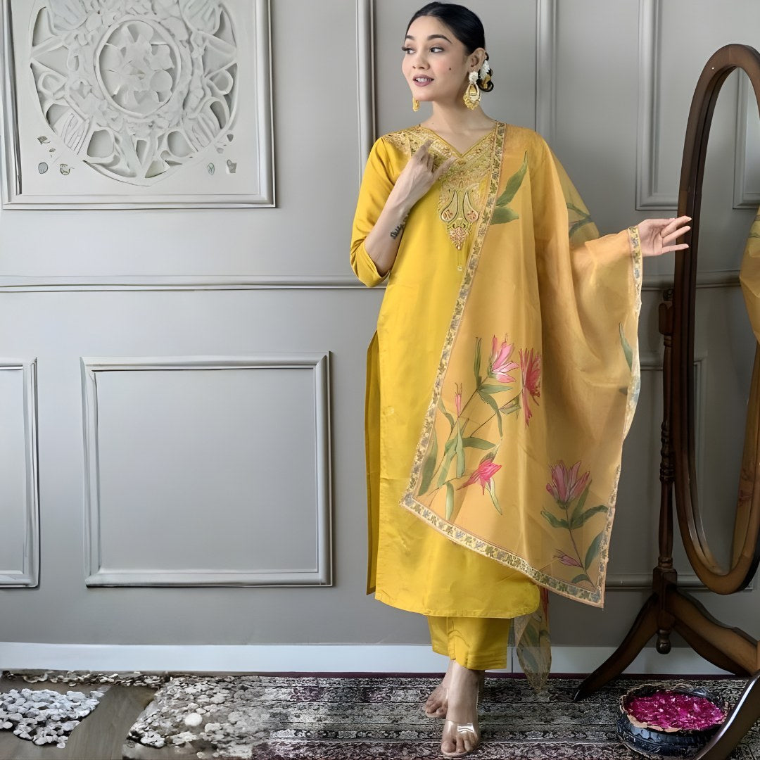 Mustard Yellow Embroidered Suit Set with Floral Dupatta - D-06 - view 2