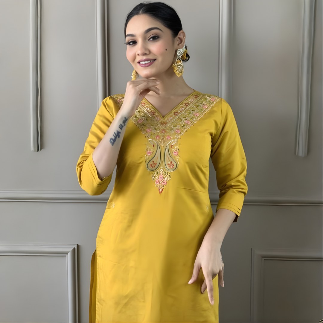 Mustard Yellow Embroidered Suit Set with Floral Dupatta - D-06 - view 3