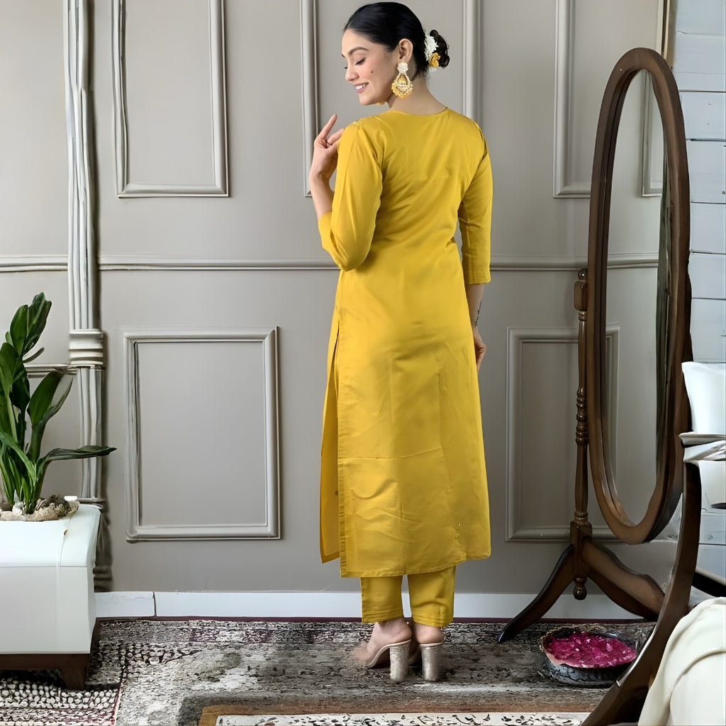 Mustard Yellow Embroidered Suit Set with Floral Dupatta - D-06 - view 4