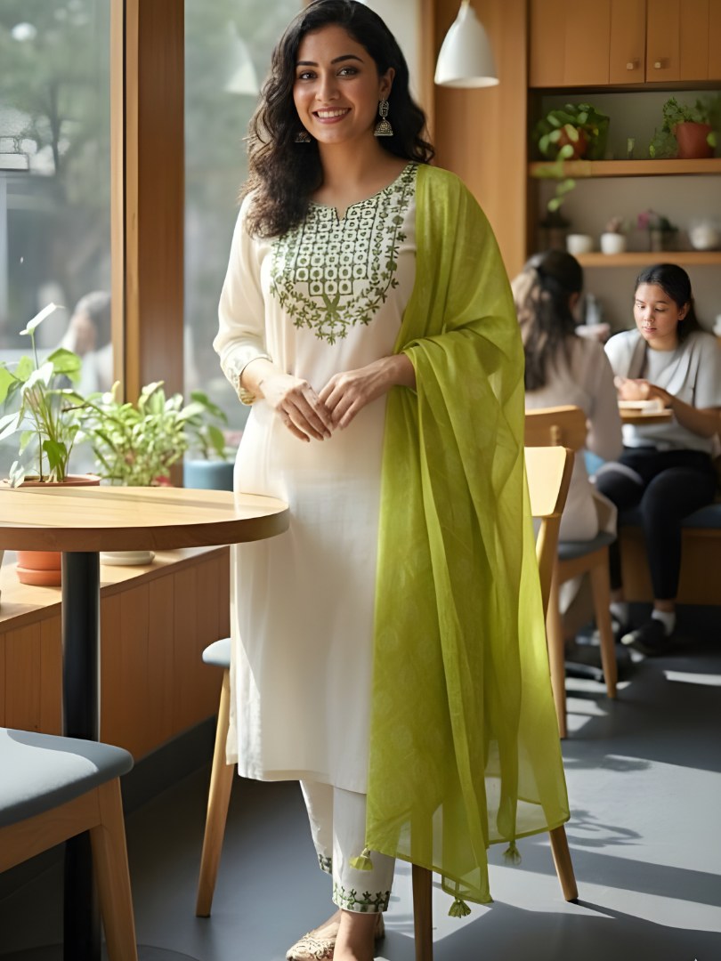 Ivory Embroidered Suit Set with Lime Green Dupatta - D-07 - view 1
