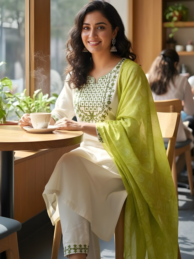 Ivory Embroidered Suit Set with Lime Green Dupatta - D-07 - view 2