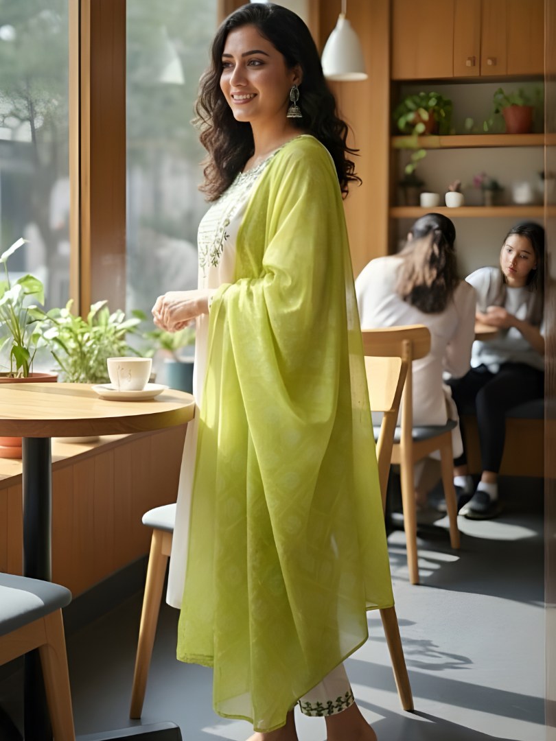 Ivory Embroidered Suit Set with Lime Green Dupatta - D-07 - view 3