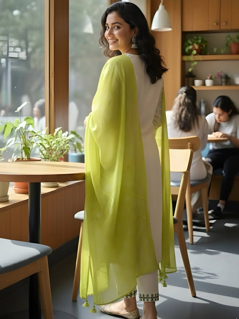 Ivory Embroidered Suit Set with Lime Green Dupatta - D-07 - view 5