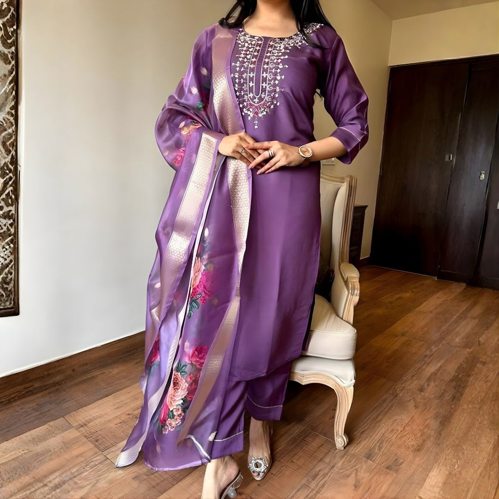 Lavender Embroidered Suit Set with Floral Organza-Look Dupatta - D-08 - view 1