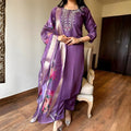 Lavender Embroidered Suit Set with Floral Organza-Look Dupatta - D-08 - view 1