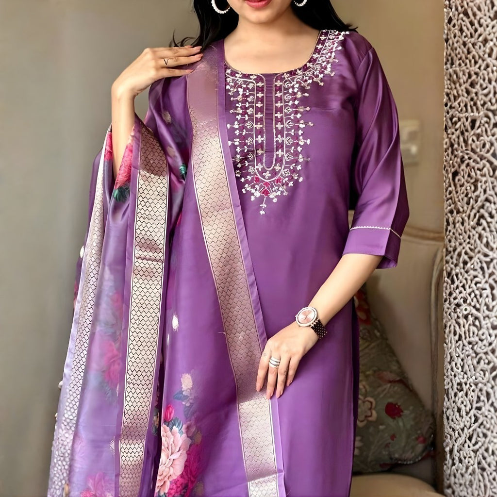 Lavender Embroidered Suit Set with Floral Organza-Look Dupatta - D-08 - view 2