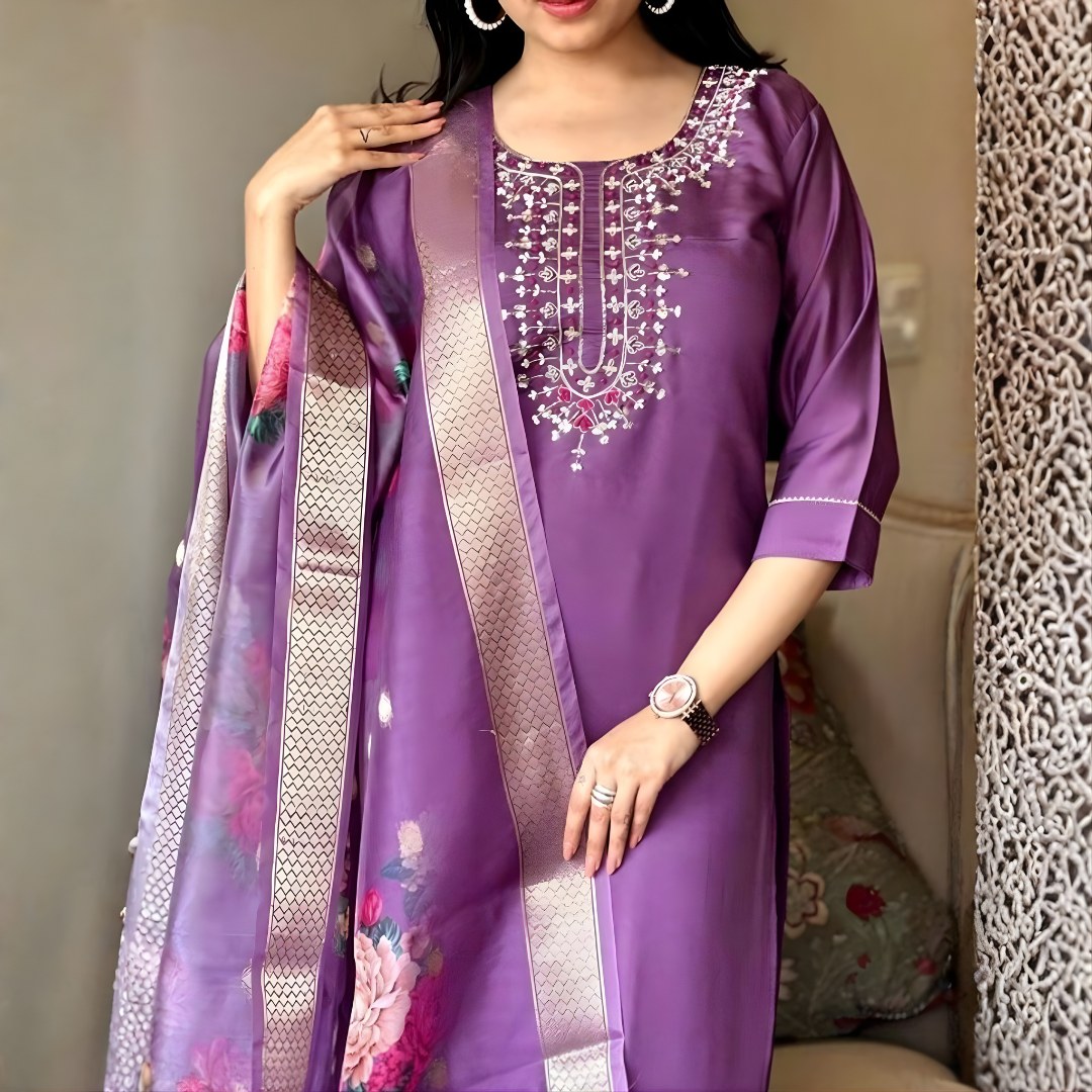 Lavender Embroidered Suit Set with Floral Organza-Look Dupatta - D-08 - view 2