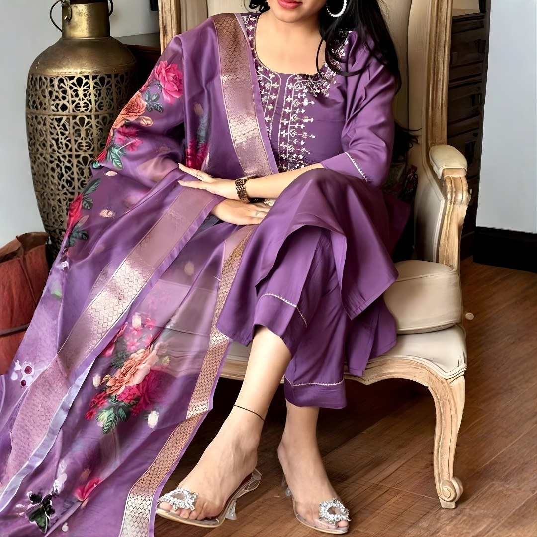 Lavender Embroidered Suit Set with Floral Organza-Look Dupatta - D-08 - view 3