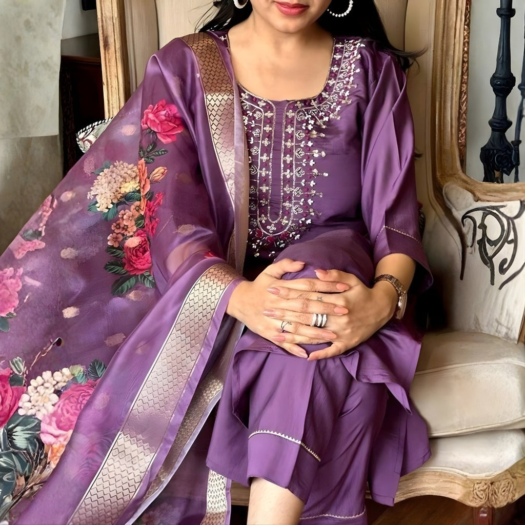 Lavender Embroidered Suit Set with Floral Organza-Look Dupatta - D-08 - view 4
