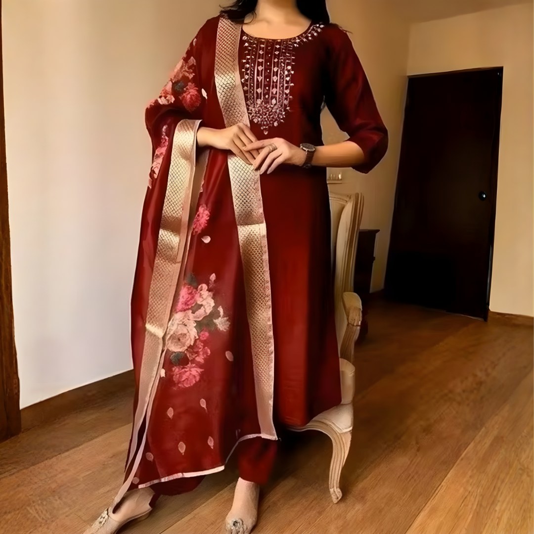 Maroon Embroidered Suit Set with Floral Dupatta - D-09 - view 1