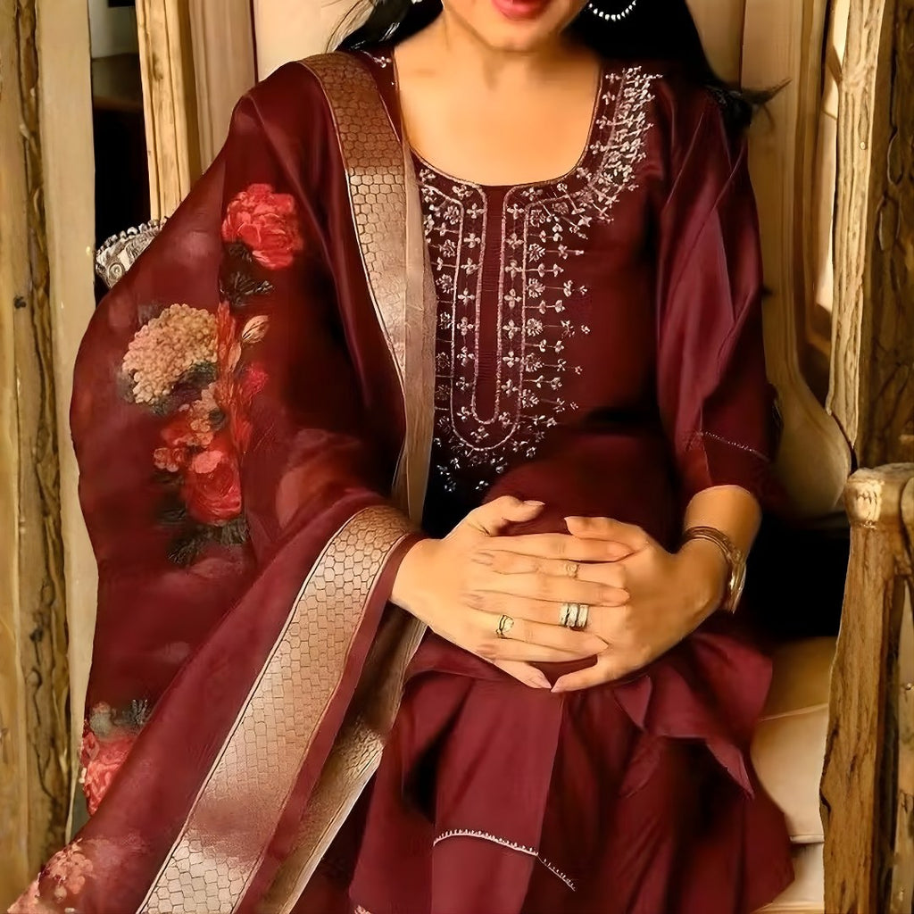 Maroon Embroidered Suit Set with Floral Dupatta - D-09 - view 2