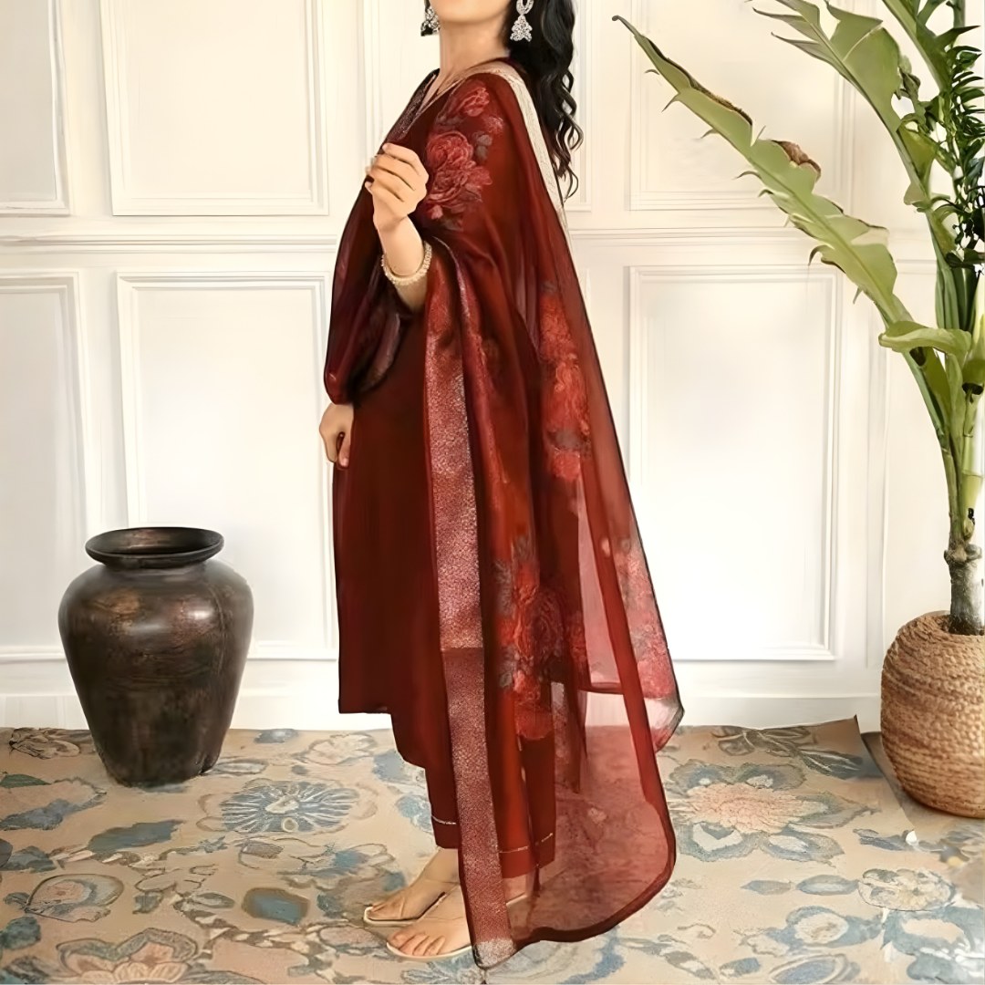 Maroon Embroidered Suit Set with Floral Dupatta - D-09 - view 3