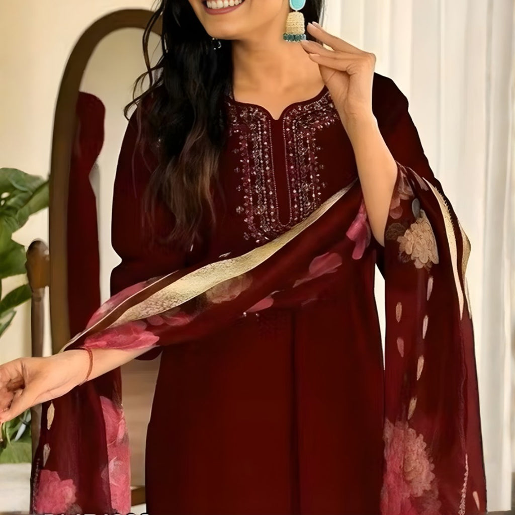 Maroon Embroidered Suit Set with Floral Dupatta - D-09 - view 4