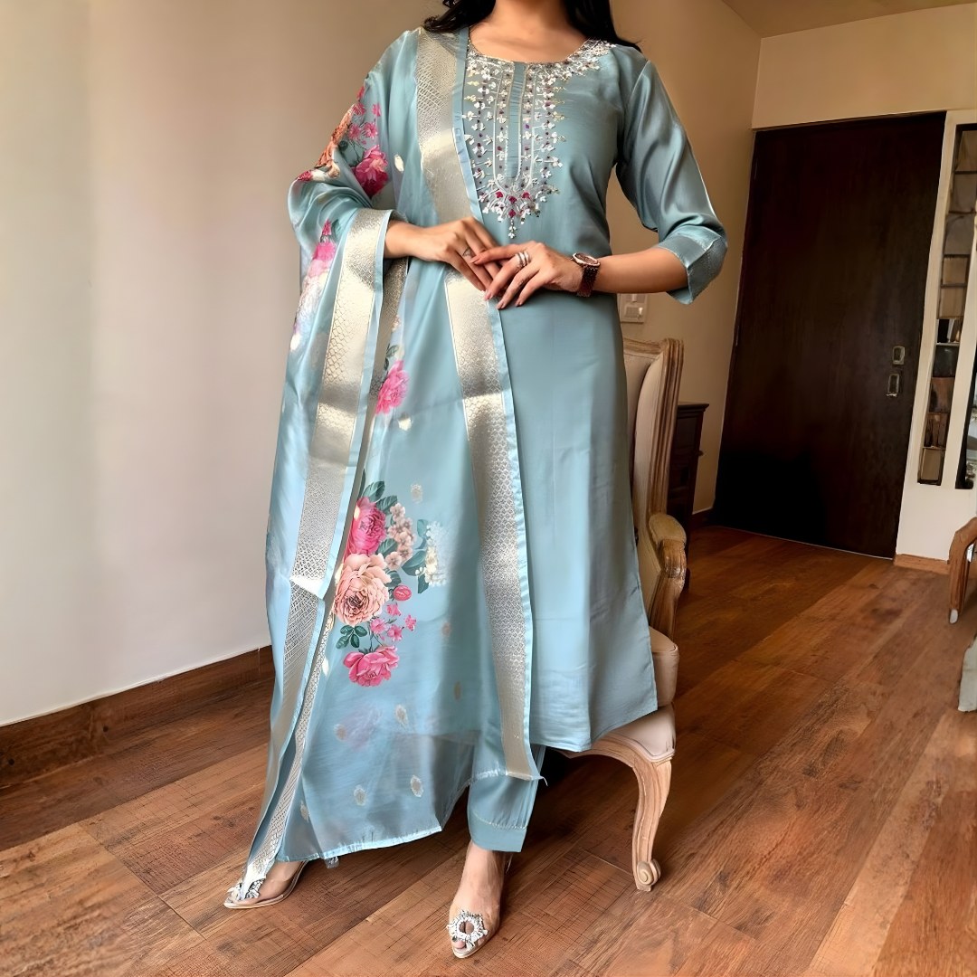 Powder Blue Embroidered Suit Set with Floral Dupatta - D-10 - view 1