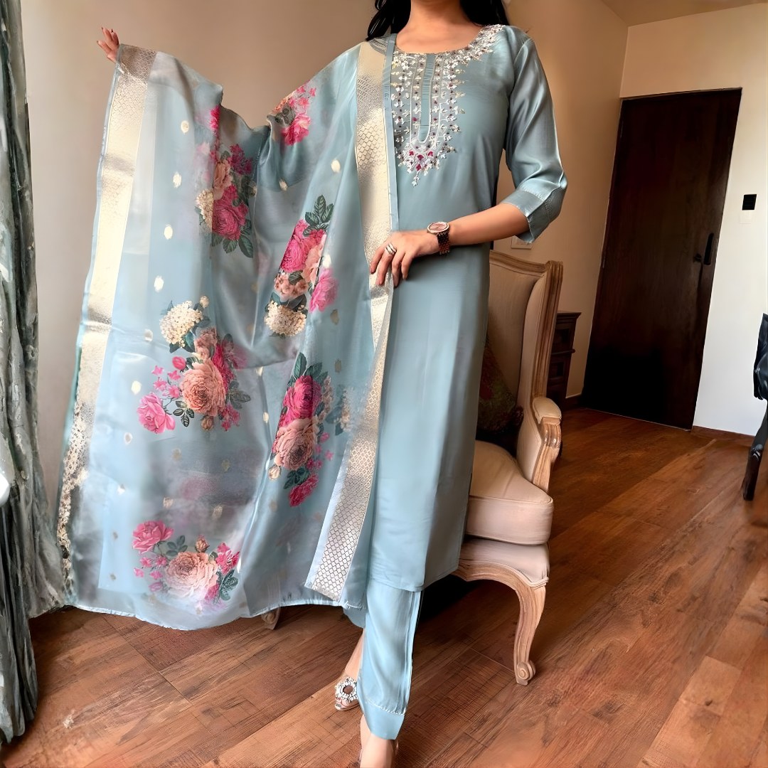 Powder Blue Embroidered Suit Set with Floral Dupatta - D-10 - view 2