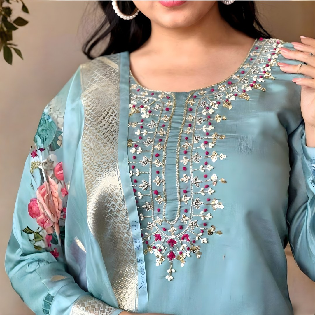 Powder Blue Embroidered Suit Set with Floral Dupatta - D-10 - view 3