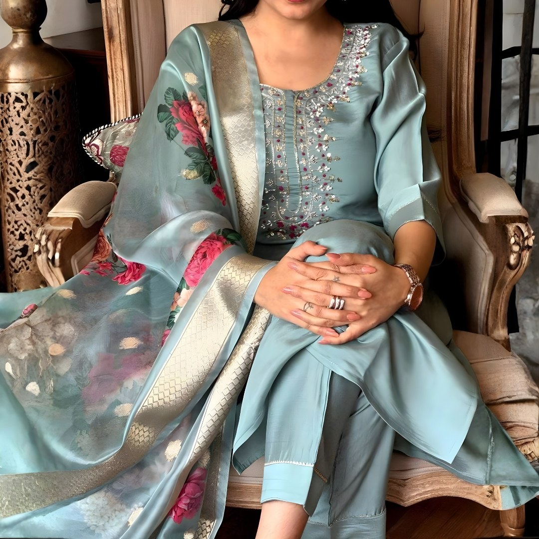 Powder Blue Embroidered Suit Set with Floral Dupatta - D-10 - view 4
