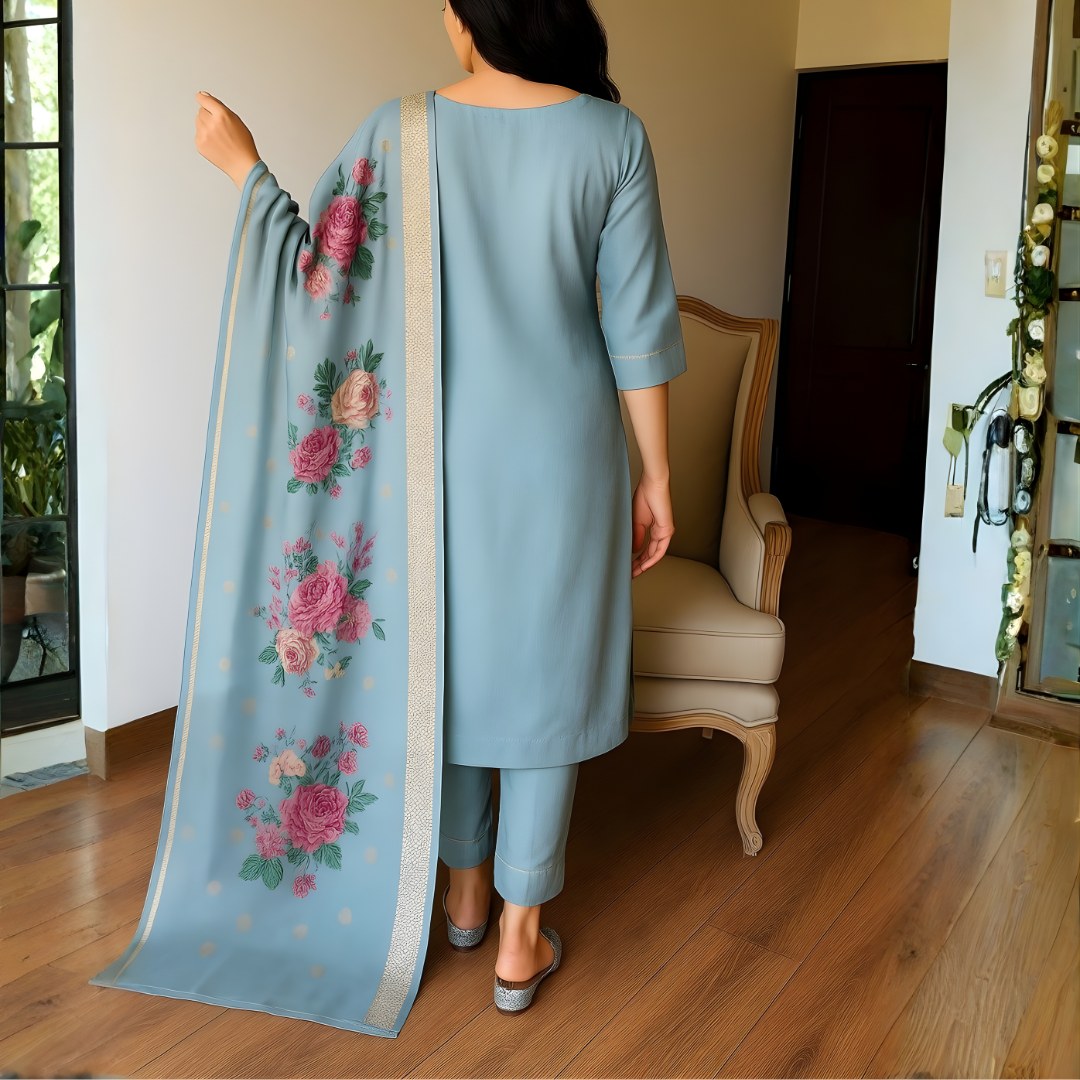 Powder Blue Embroidered Suit Set with Floral Dupatta - D-10 - view 5