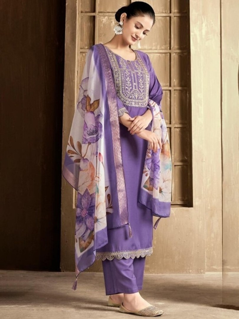 Lavender Embroidered Yoke Suit Set with Lace Hem - D-11 - view 2