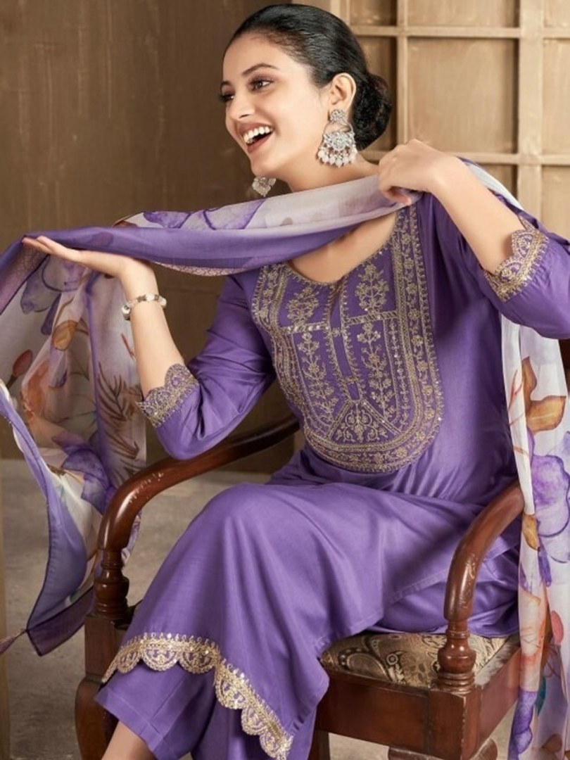 Lavender Embroidered Yoke Suit Set with Lace Hem - D-11 - view 3