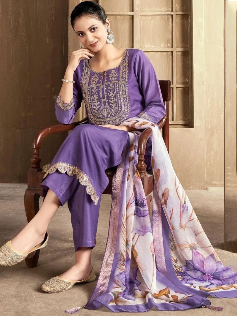 Lavender Embroidered Yoke Suit Set with Lace Hem - D-11 - view 4