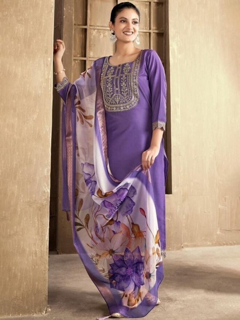 Lavender Embroidered Yoke Suit Set with Lace Hem - D-11 - view 5