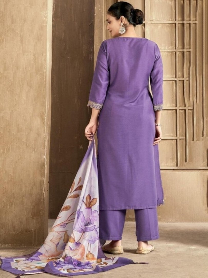 Lavender Embroidered Yoke Suit Set with Lace Hem - D-11 - view 6