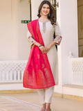 Off-White Embroidered Suit Set with Rani Pink Dupatta - D-12 - view 1