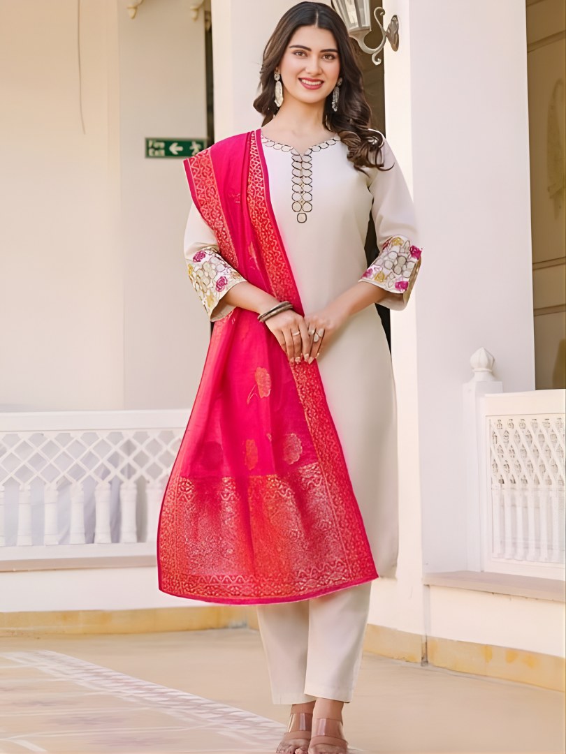 Off-White Embroidered Suit Set with Rani Pink Dupatta - D-12 - view 1