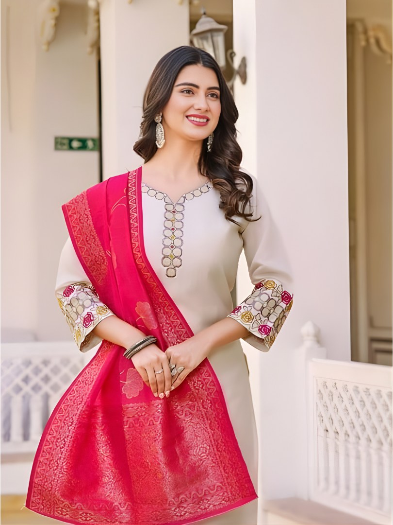 Off-White Embroidered Suit Set with Rani Pink Dupatta - D-12 - view 2