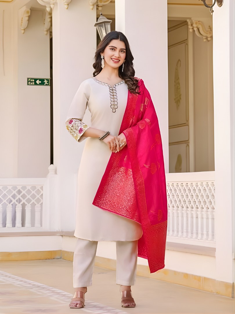 Off-White Embroidered Suit Set with Rani Pink Dupatta - D-12 - view 3
