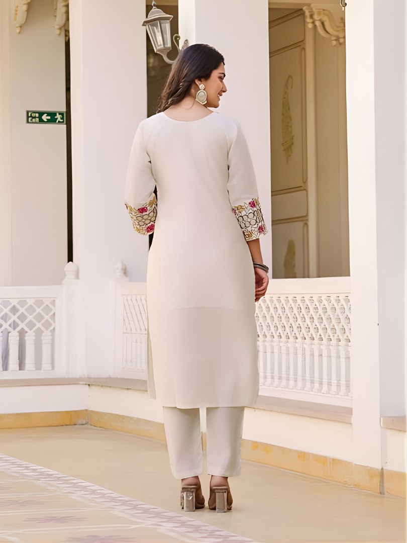 Off-White Embroidered Suit Set with Rani Pink Dupatta - D-12 - view 4