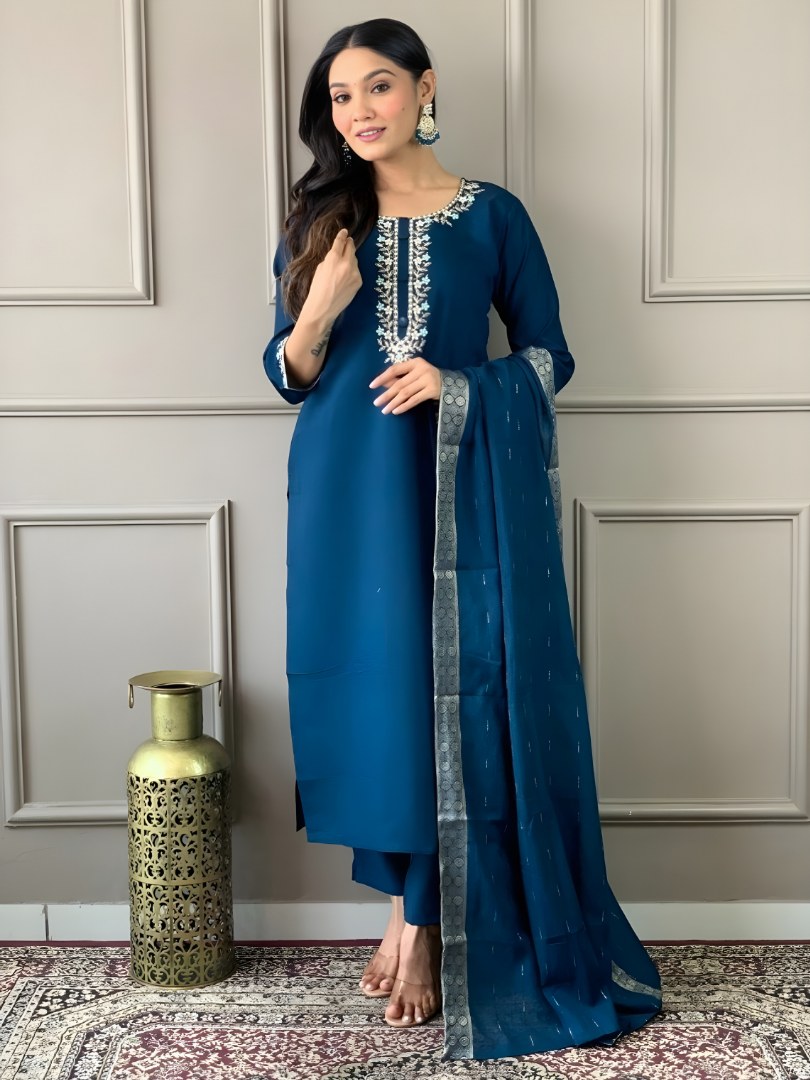 Peacock Blue Embroidered Suit Set with Woven Border Dupatta - D-13 - view 1